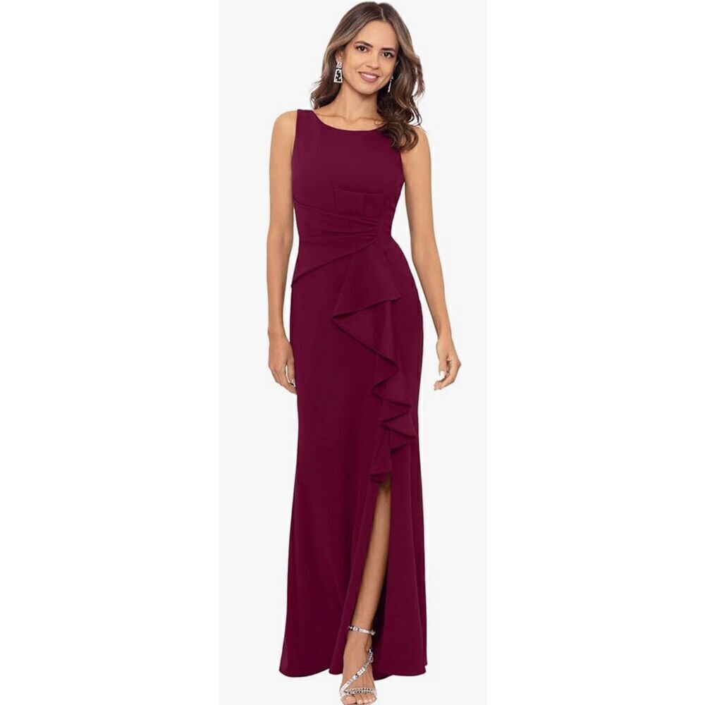 Betsy & Adam Long Sleeveless Boat Neck Ruffle Side Slit Scuba Crepe Gown
